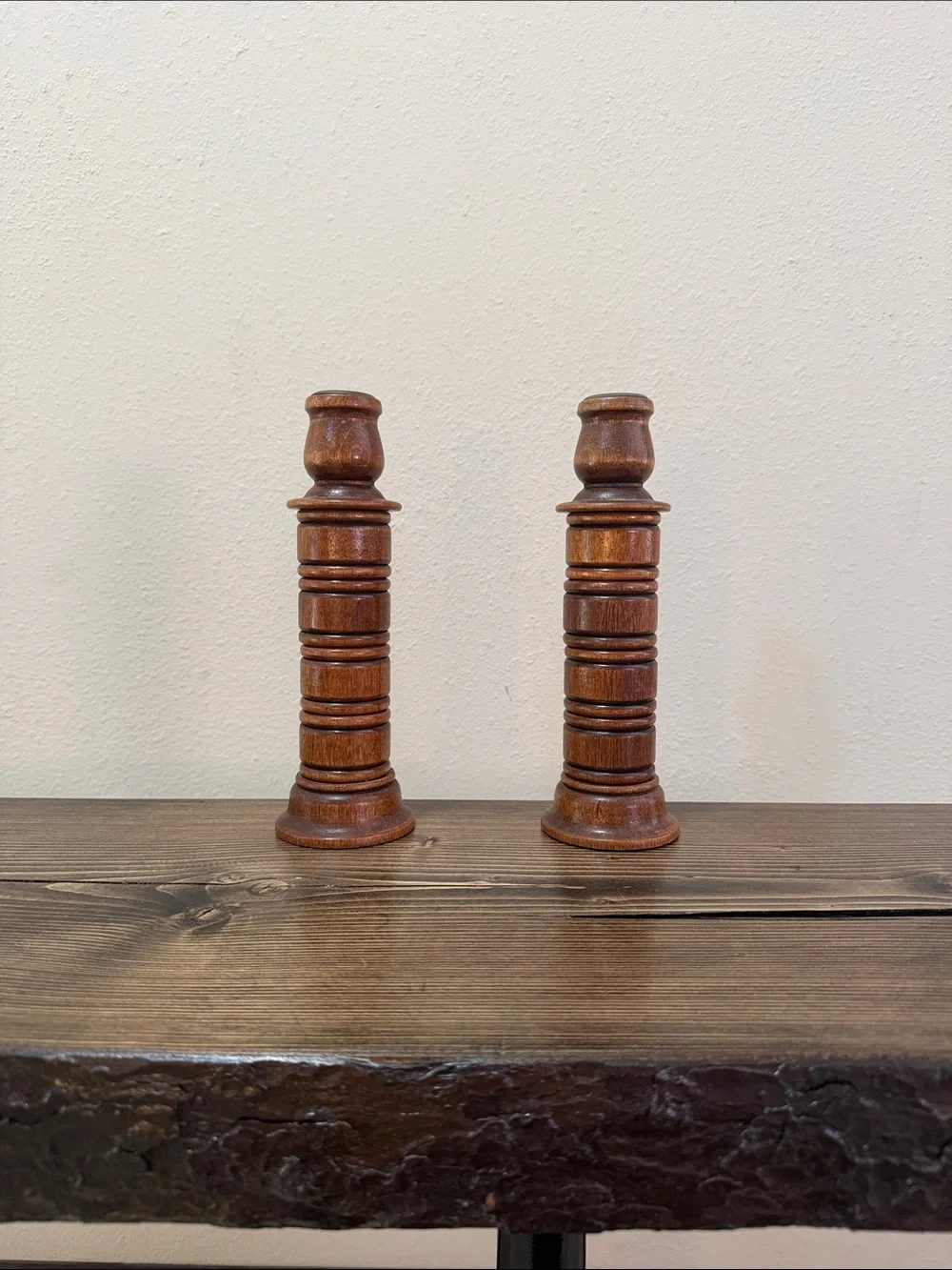 Vintage Solid Wood Candlestick Holders Set of 2 Turned Wooden Candle Holders